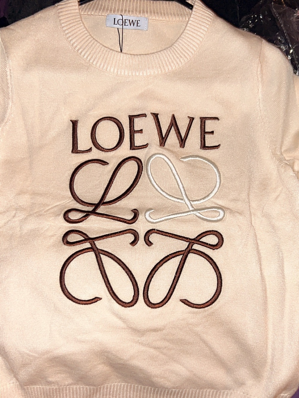 Loewe Cream Crewneck Sweater with Brown & White Logo Embroidery